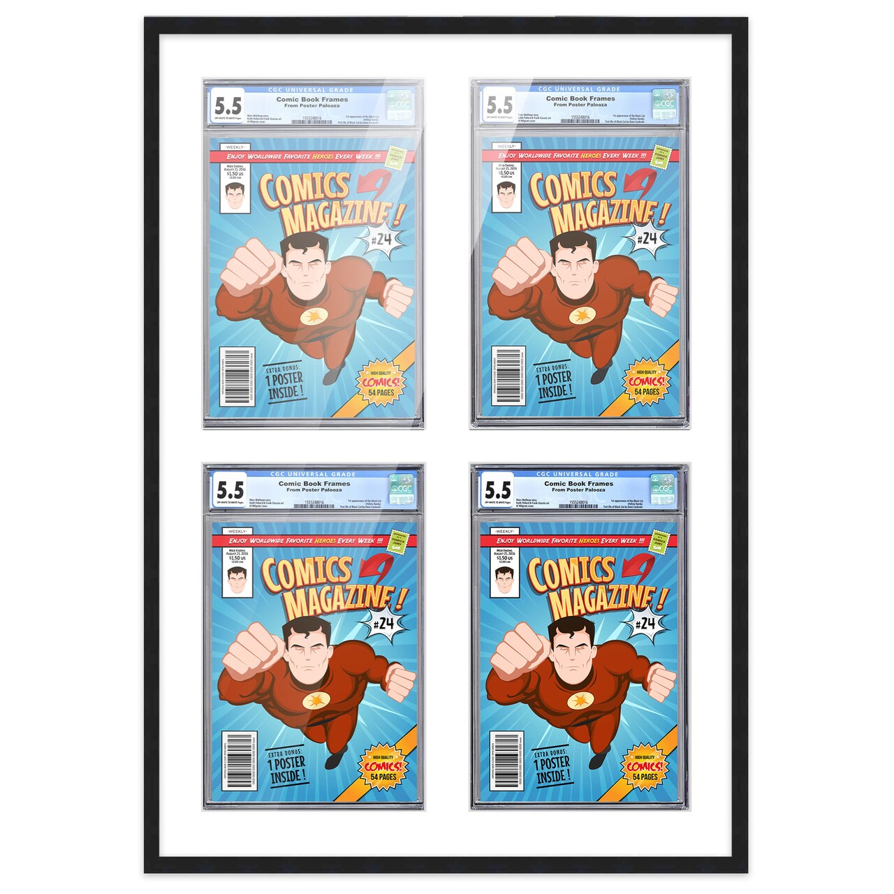 Comic Book Frame with Mat for 4 Graded Comics - Black Wood Comic Frame With White Mat for 8.125x13 Comics - 20.75x30.5 Frame Size